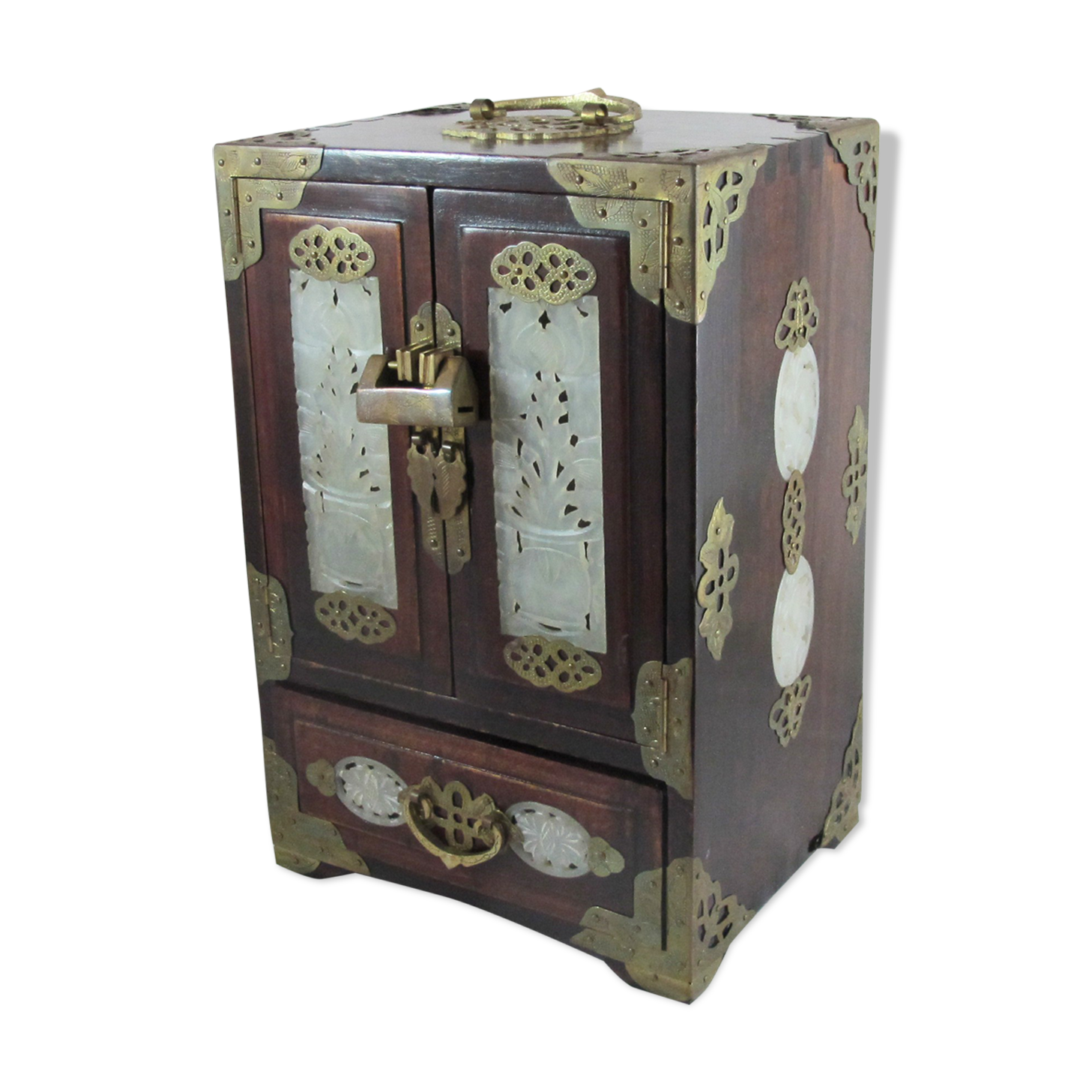 Chinese wooden jewelry box adorned with jade plates