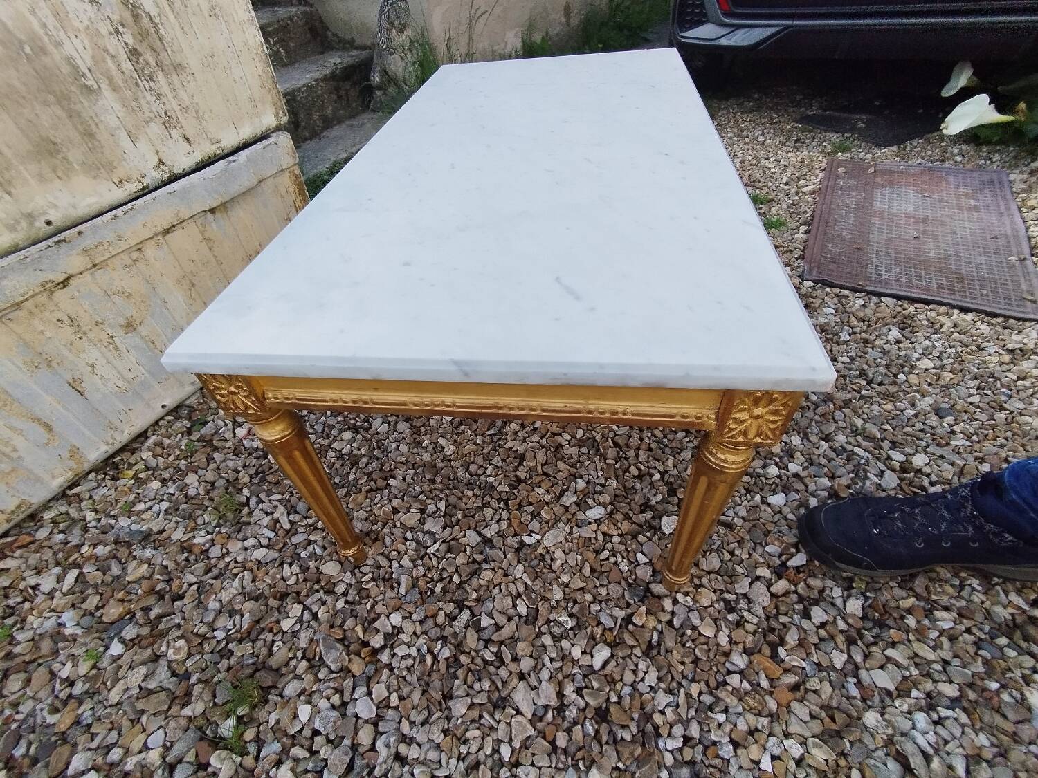 Louis XVI style coffee table in old gilded wood with marble top