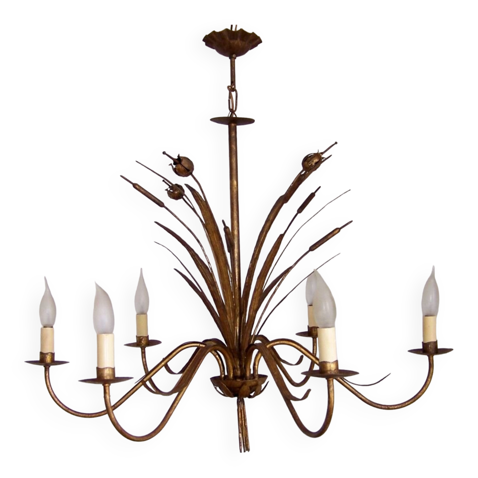 Hollywood regency style bull rush gilt metal toleware 6 light chandelier 4369