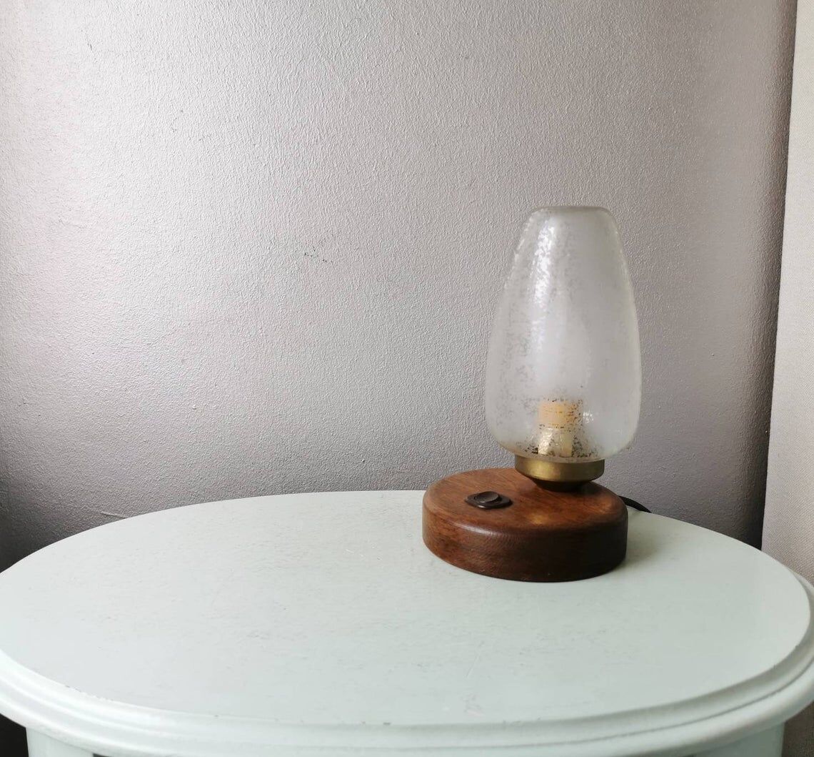 Wooden table lamp with 80s glass cap
