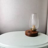Lampe de table en bois avec capuchon en verre années 80