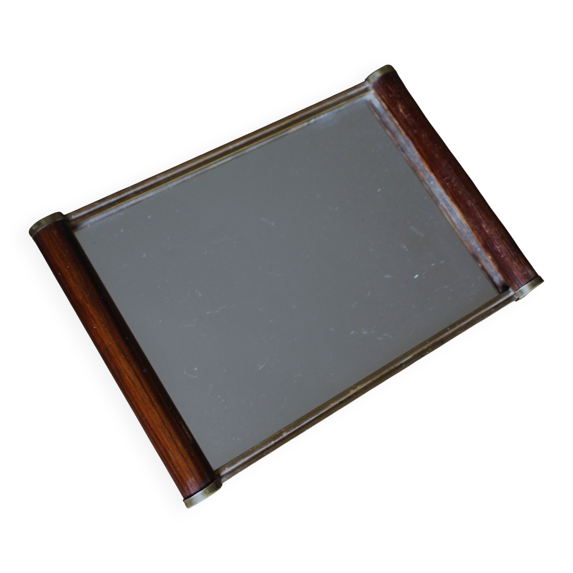 Rectangular mirror tray with wooden handles and gilding.