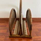 Magazine rack in curved wood, fabric and canework