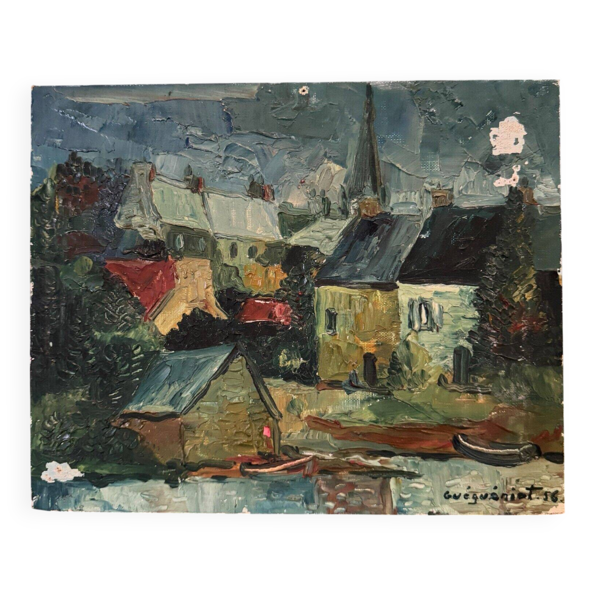 Oil on cardboard by Gérard Guéguéniat 1956 representing a village