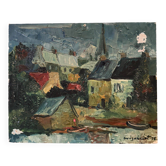 Oil on cardboard by Gérard Guéguéniat 1956 representing a village