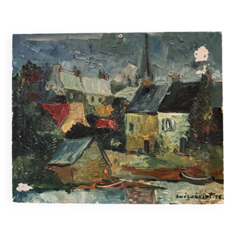 Huile sur carton par Gérard Guéguéniat 1956 représentant un village