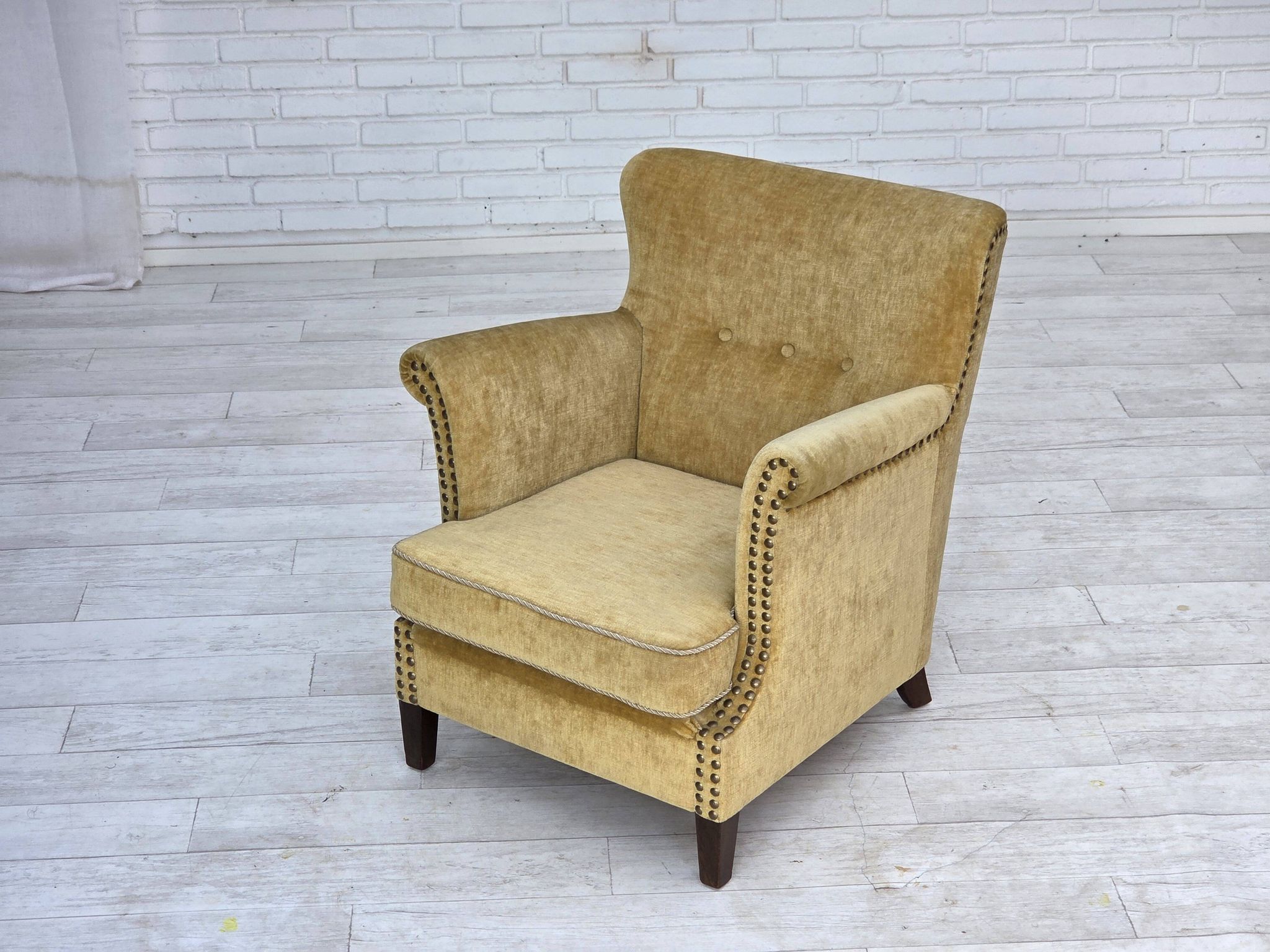1960s, Danish armchair, honey-yellow furniture velour, original condition.