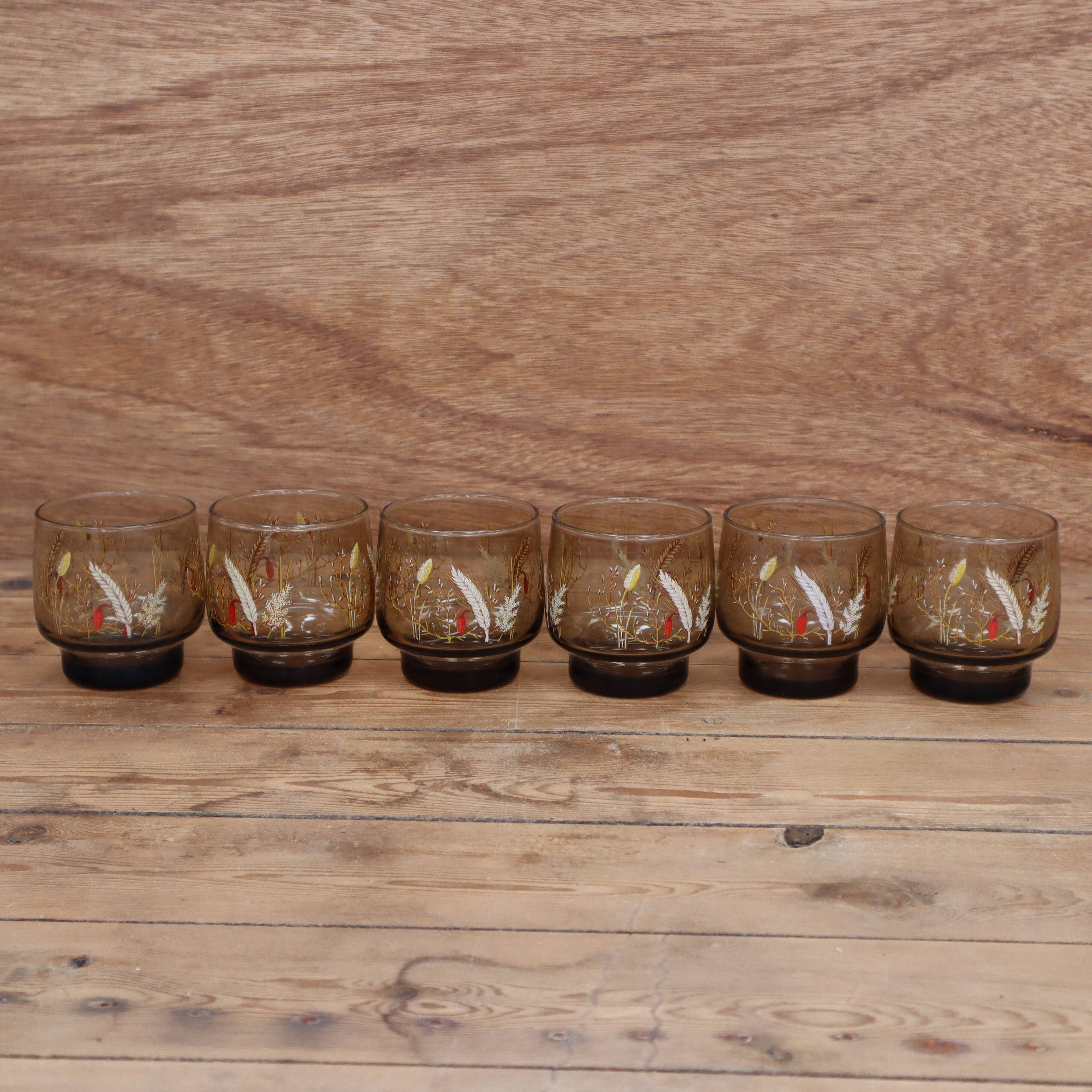 Set of 6 smoked glasses with Arcoroc ear of wheat decoration