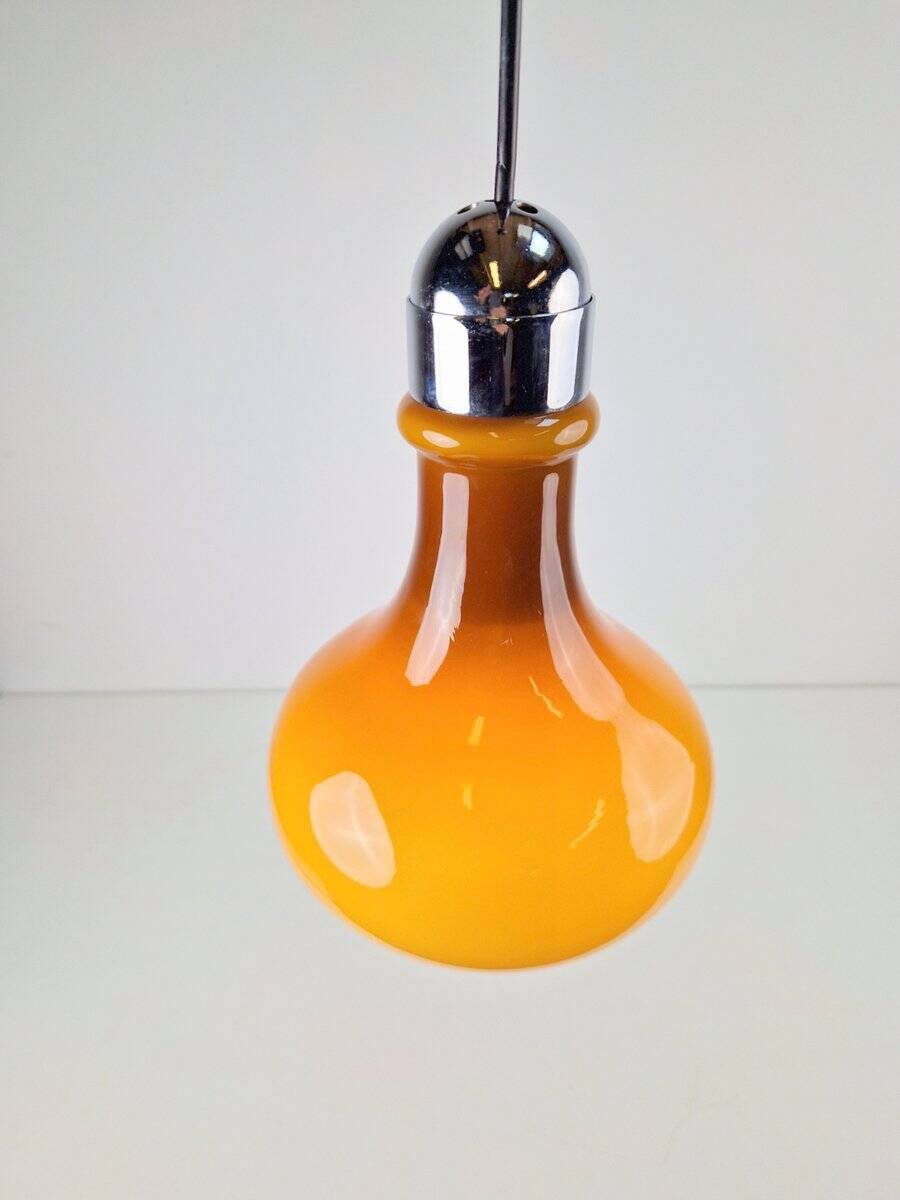 Vintage Scandinavian Drop Pendant Lamp in Brown Opal Glass and Chrome from Peill & Putzler, 1960s