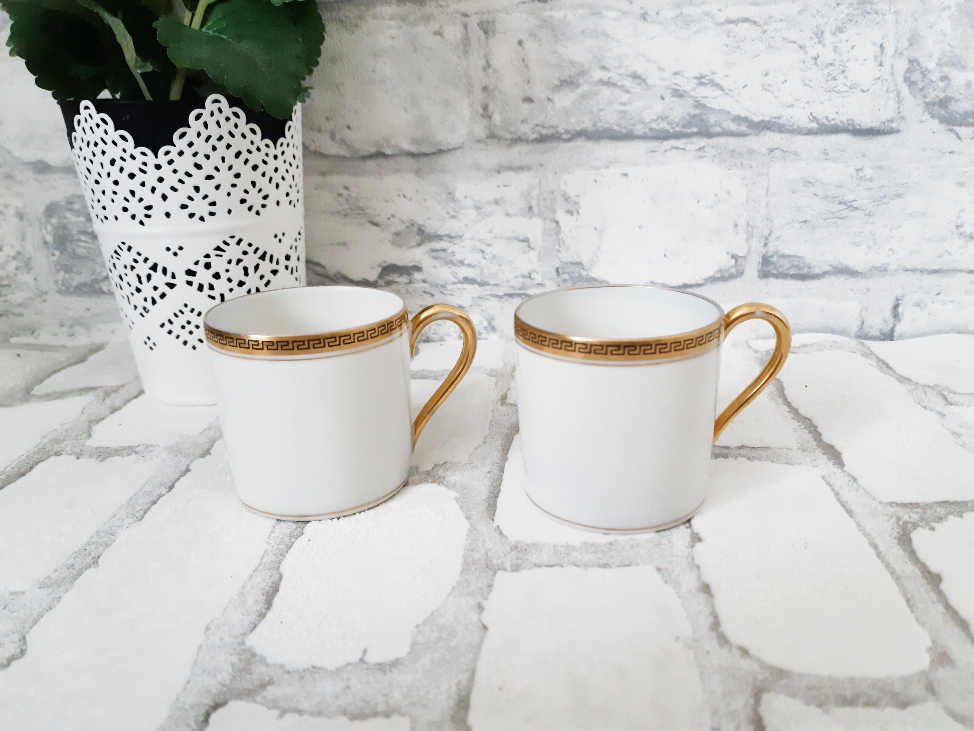 Limoges porcelain coffee cups, white and gold