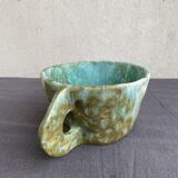 Stoneware bowl with handles, signed handmade ceramic.