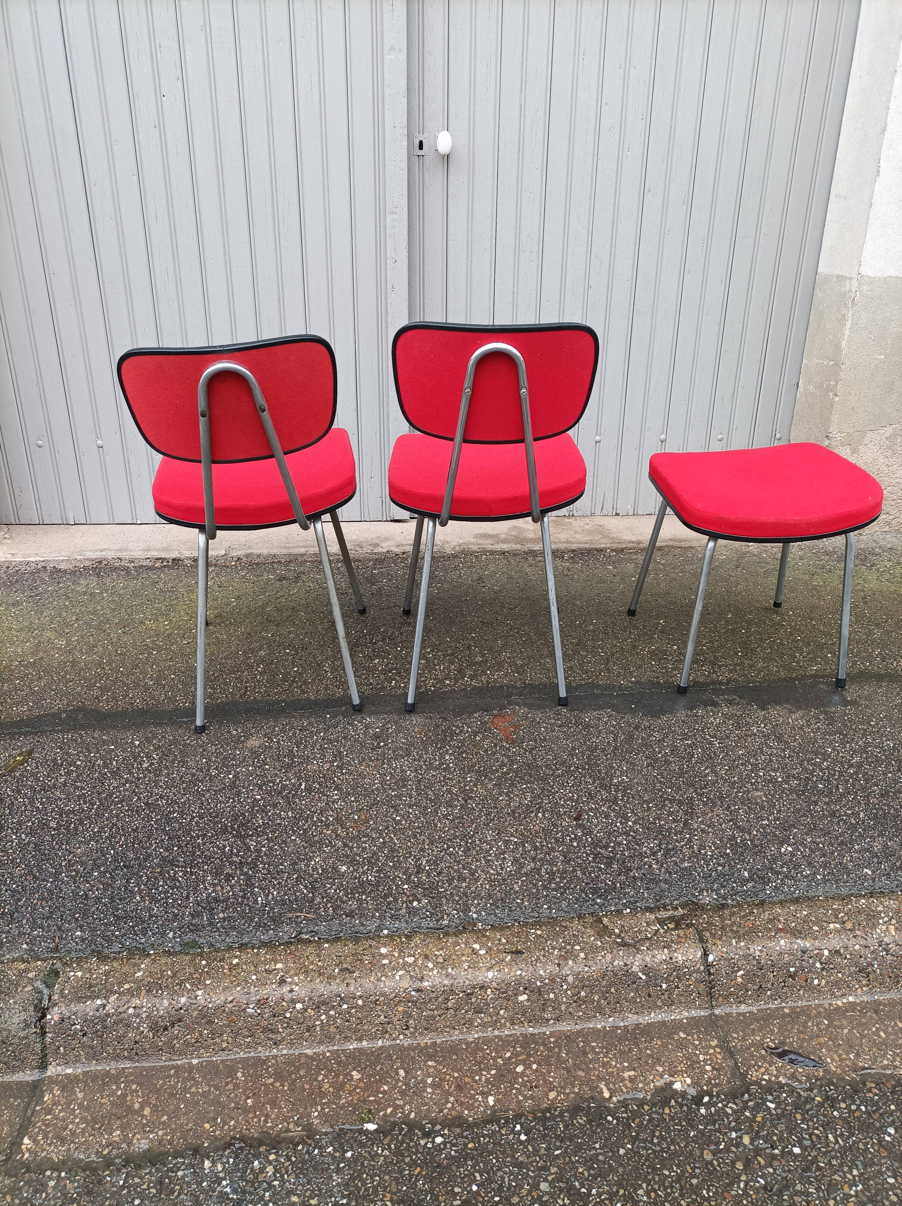 Set of 2 chairs and 1 vintage stool red fabric