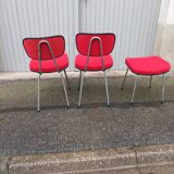 Set of 2 chairs and 1 vintage stool red fabric