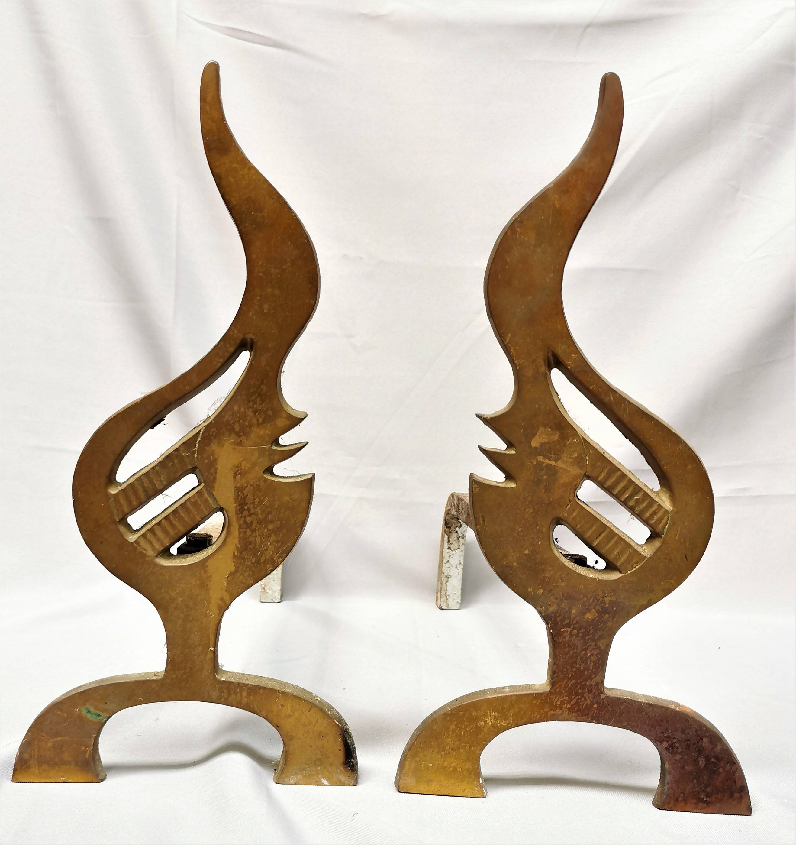 Pair of vintage design andirons bronze flame for fireplace
