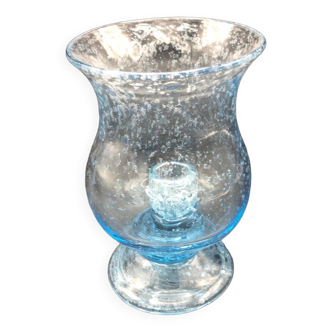 Biot tealight holder in blue bubbled glass