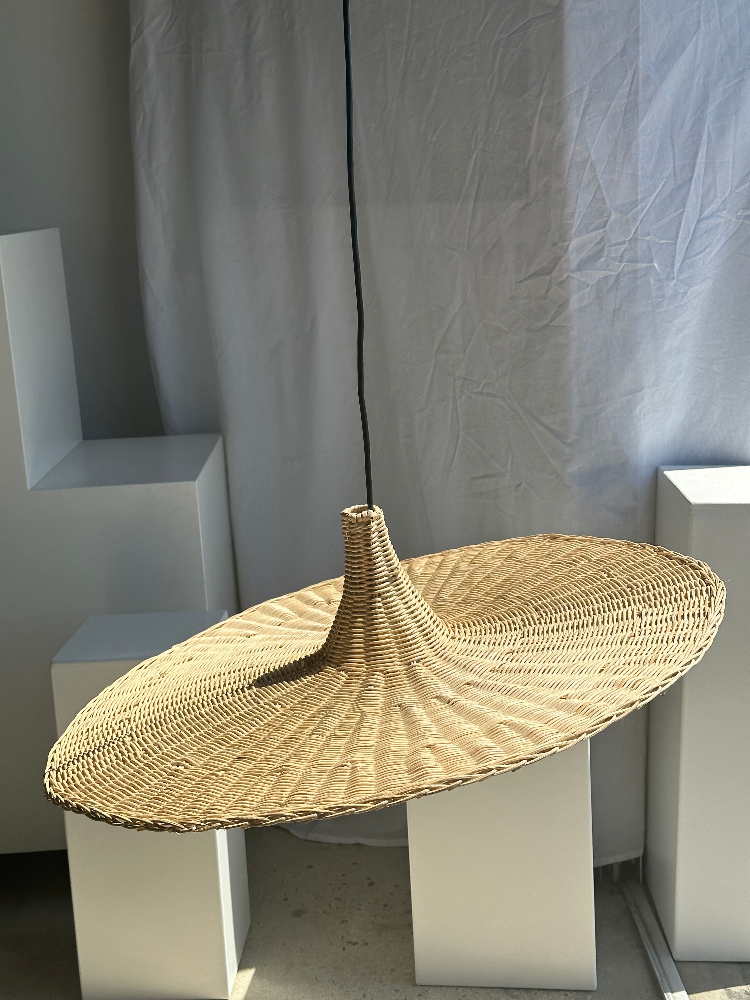 Large suspension, rattan luminaire in hat shape D:80cm