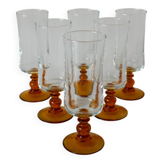 set of 6 vintage amber-footed champagne flutes 1970
