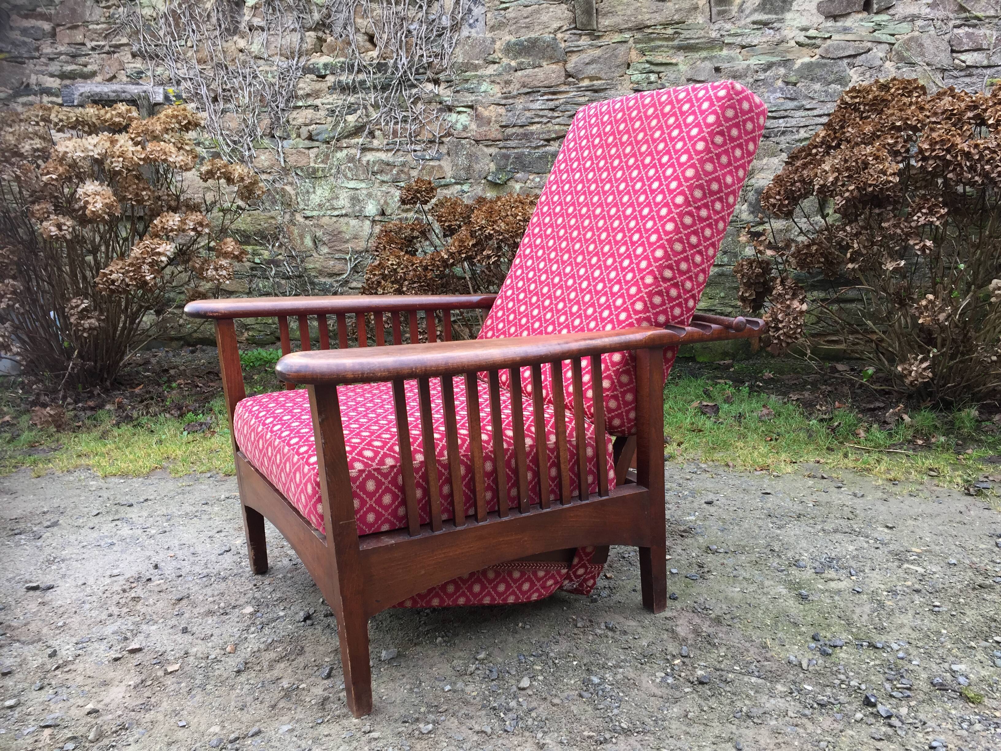 Vintage morris armchair in beech and fabric bordeaux napoleon iii
