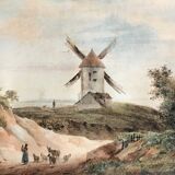 Landscape with mill and herd, watercolor