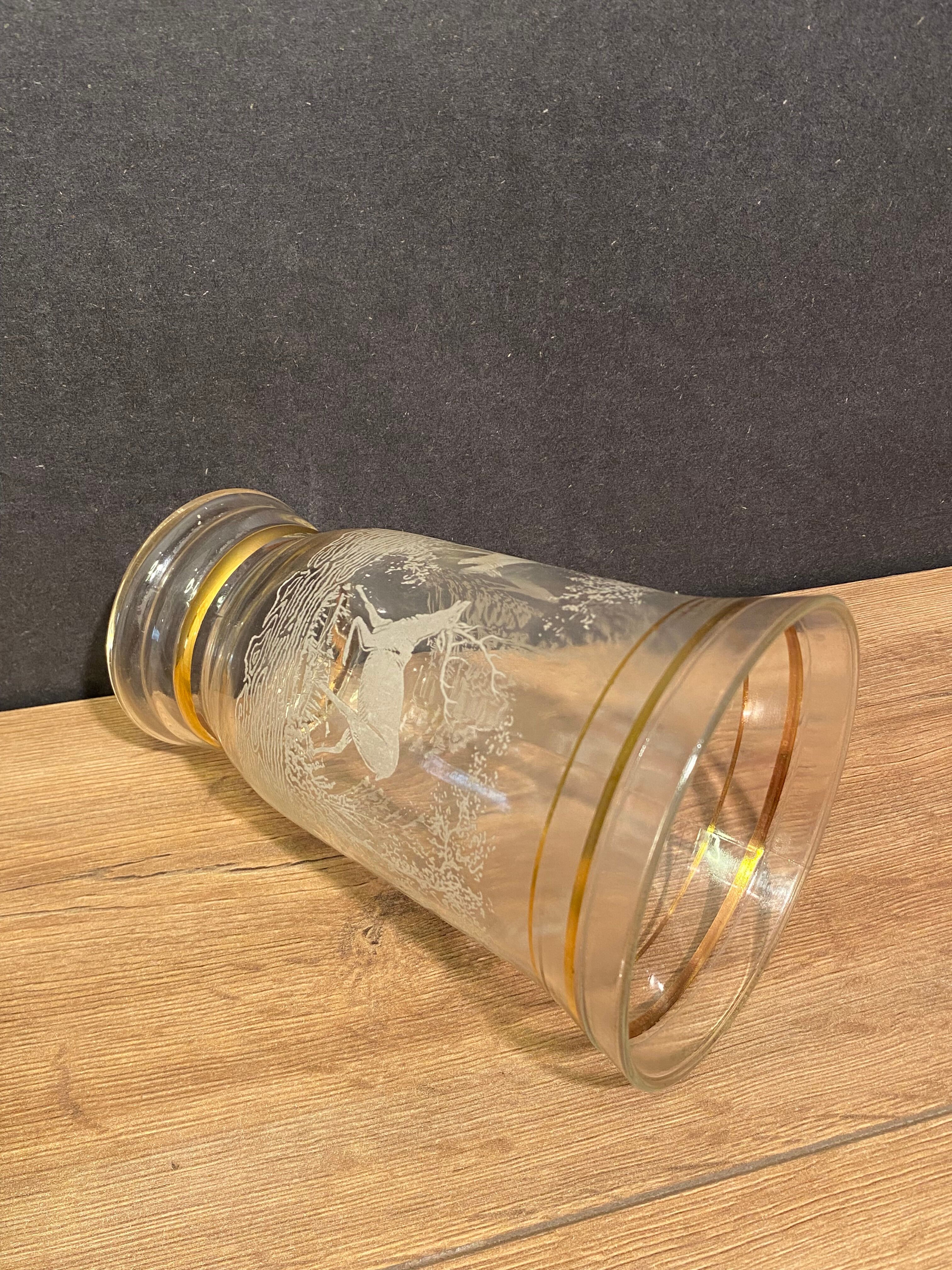 Glass vase with deer engraved decoration early twentieth century