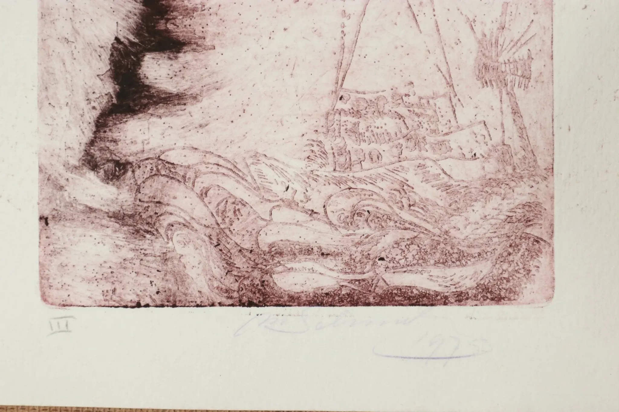 Etching in red – dancer above flames and waves, M. Schneider 1973