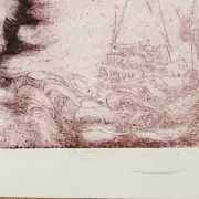 Etching in red – dancer above flames and waves, M. Schneider 1973