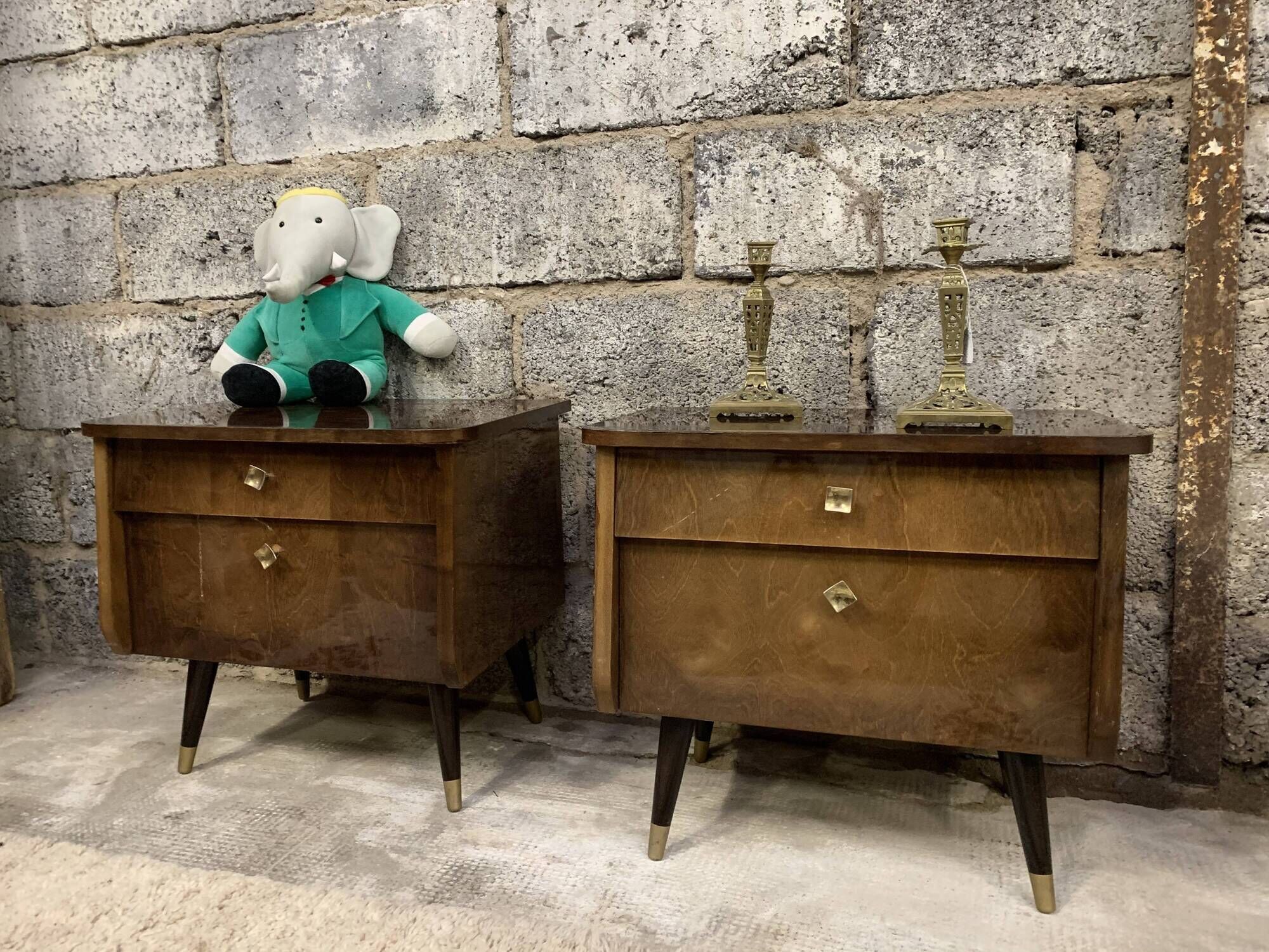 Pair of night tables feet compass bedside end of vintage sofa old 1950 1960 retro