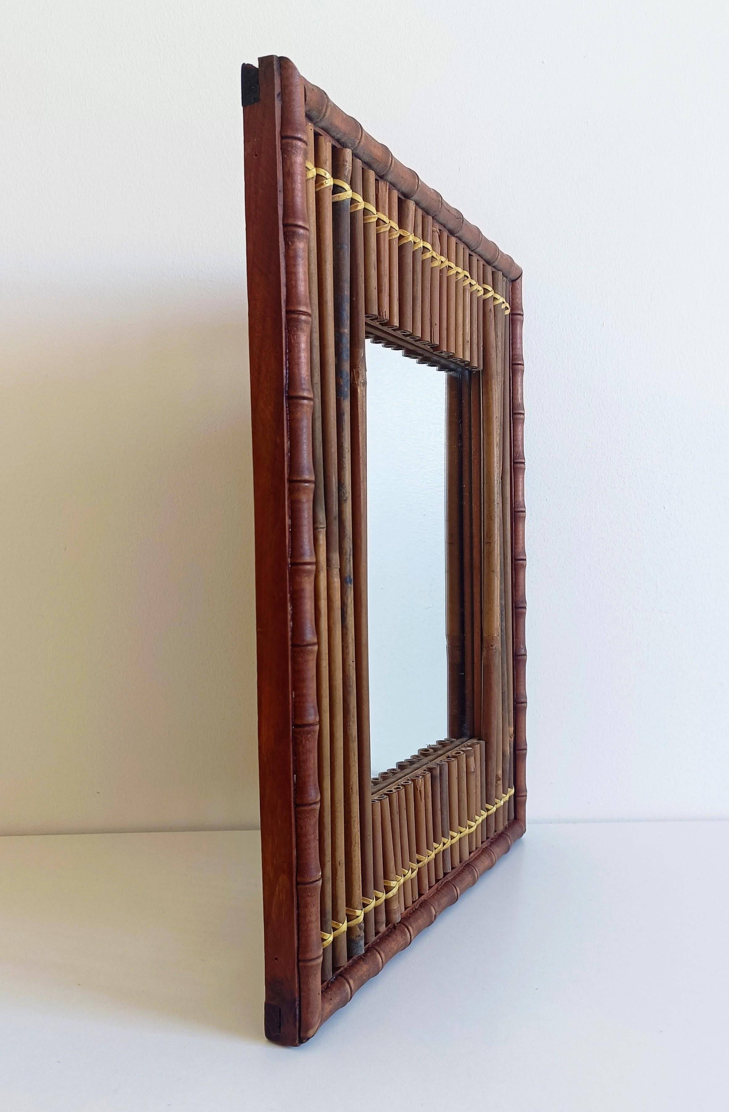 Antique French Art Deco Bamboo and Wood Wall Mirror, Early 20th Century