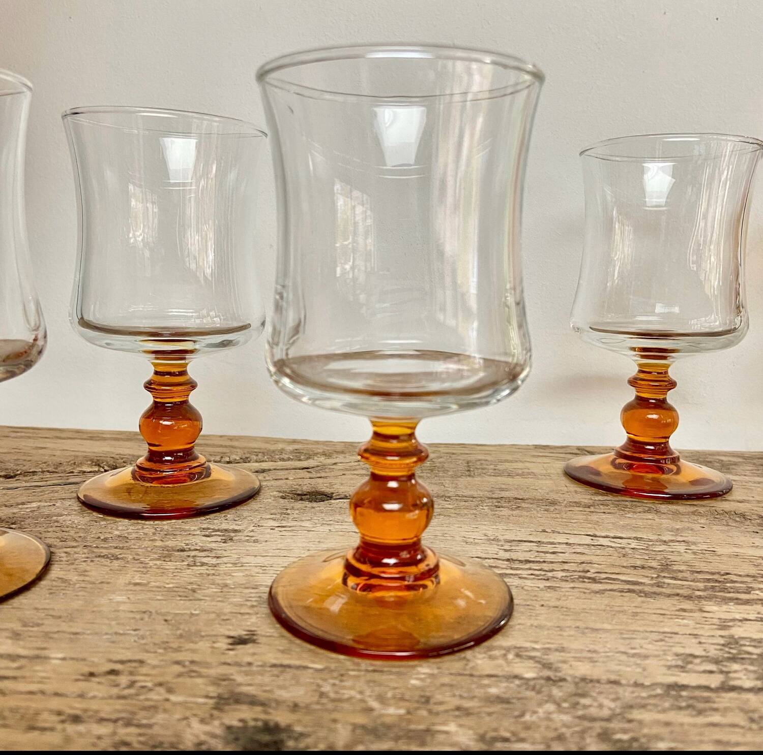 6 small vintage amber stemmed glasses