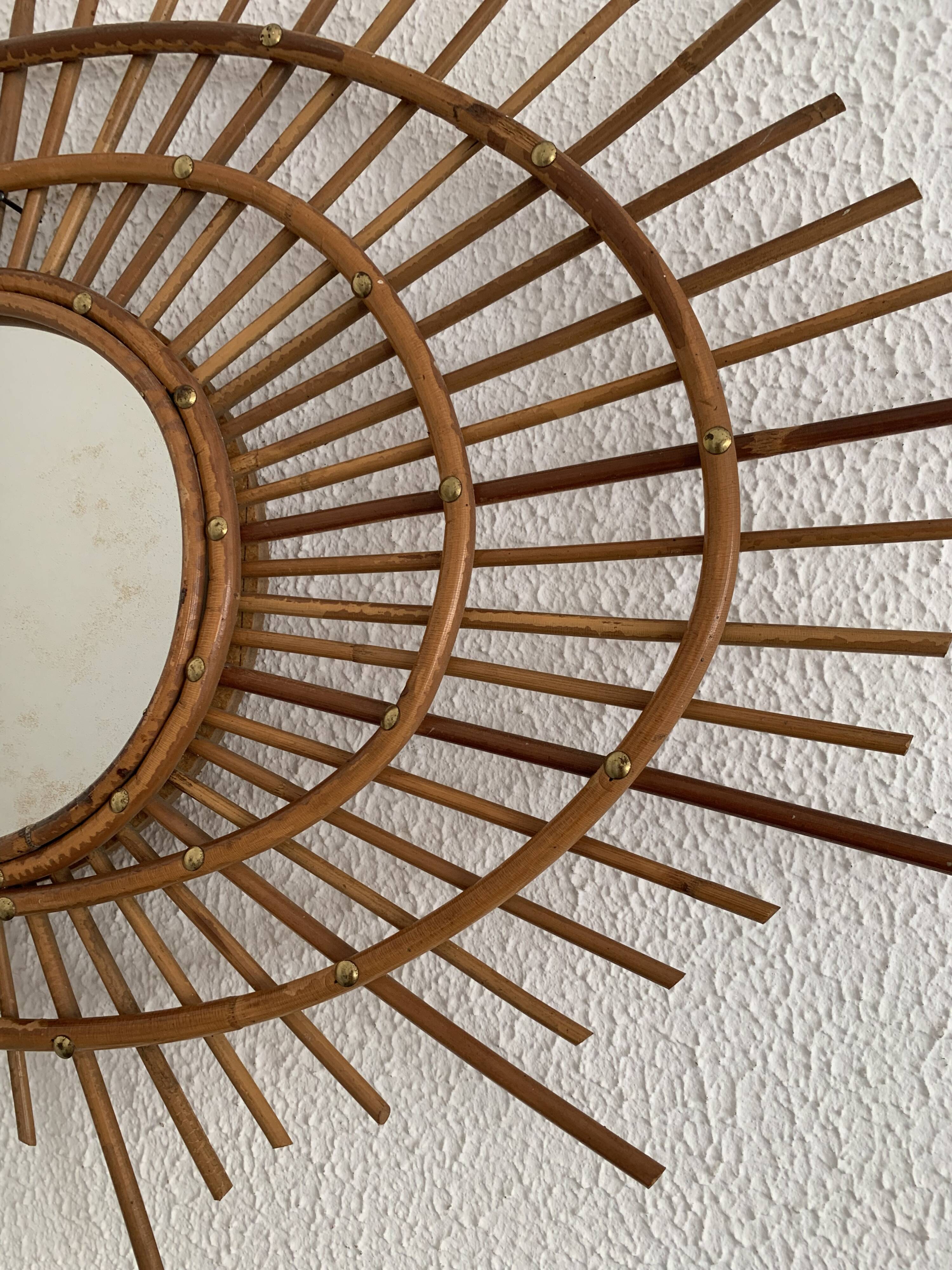 Vintage 1960s sunburst mirror, rattan wicker, ortf spiral design - 68 x 52 cm