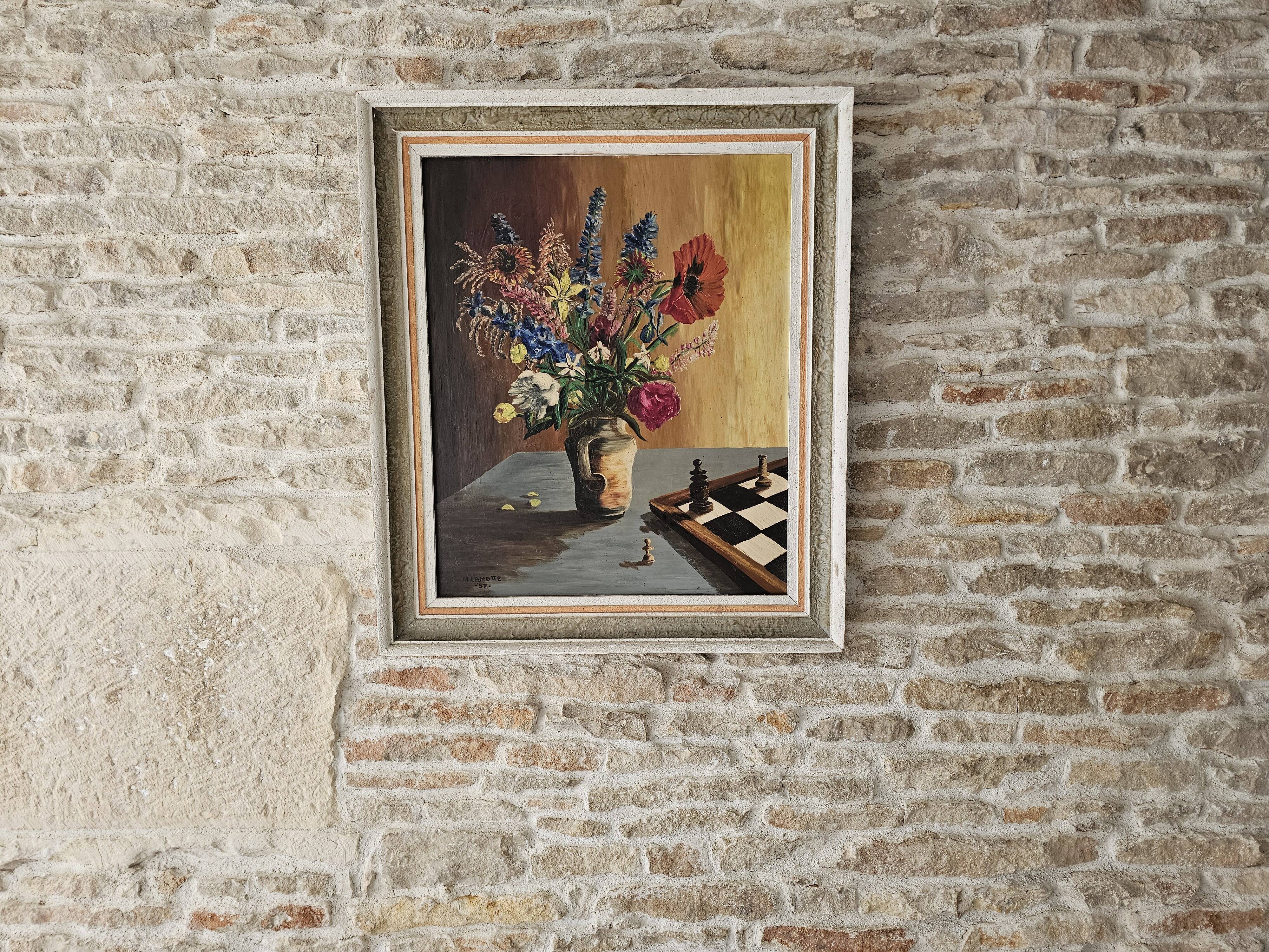 Oil on Isorel - Flower Bouquet / Chess Set - Michel Lamotte