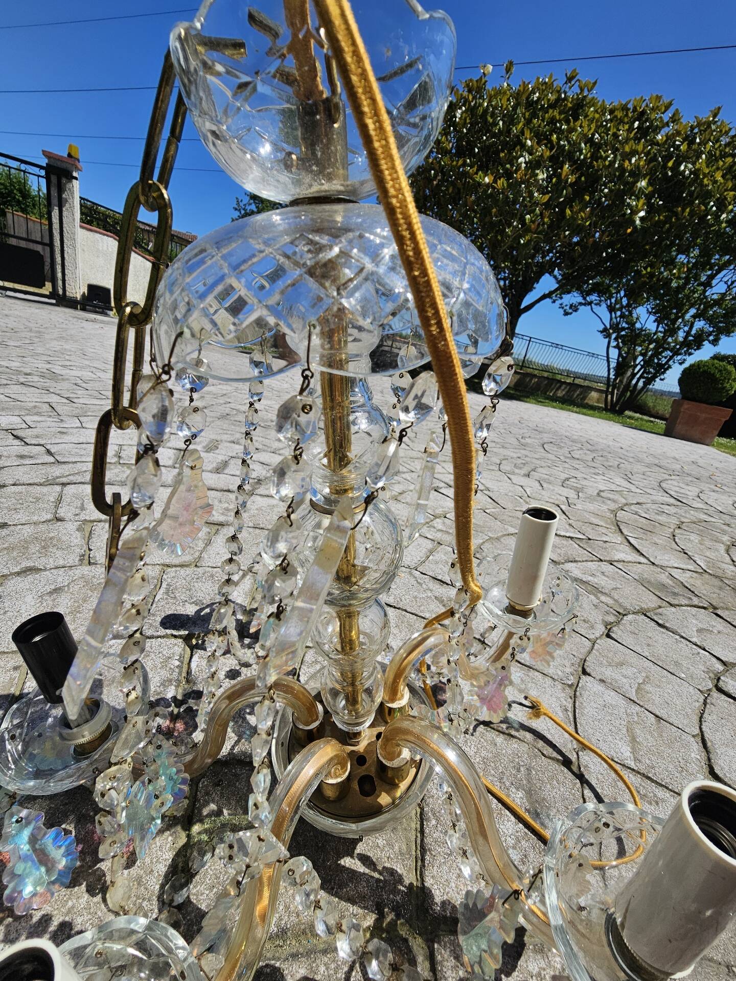 Antique chandelier with glass and crystal pendants, 5 lights, Venetian style.