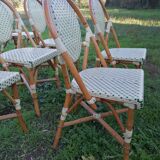 Set of 8 Parisian rattan bistro chairs braiding green and ecru