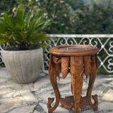 Small carved solid walnut side table with marble top