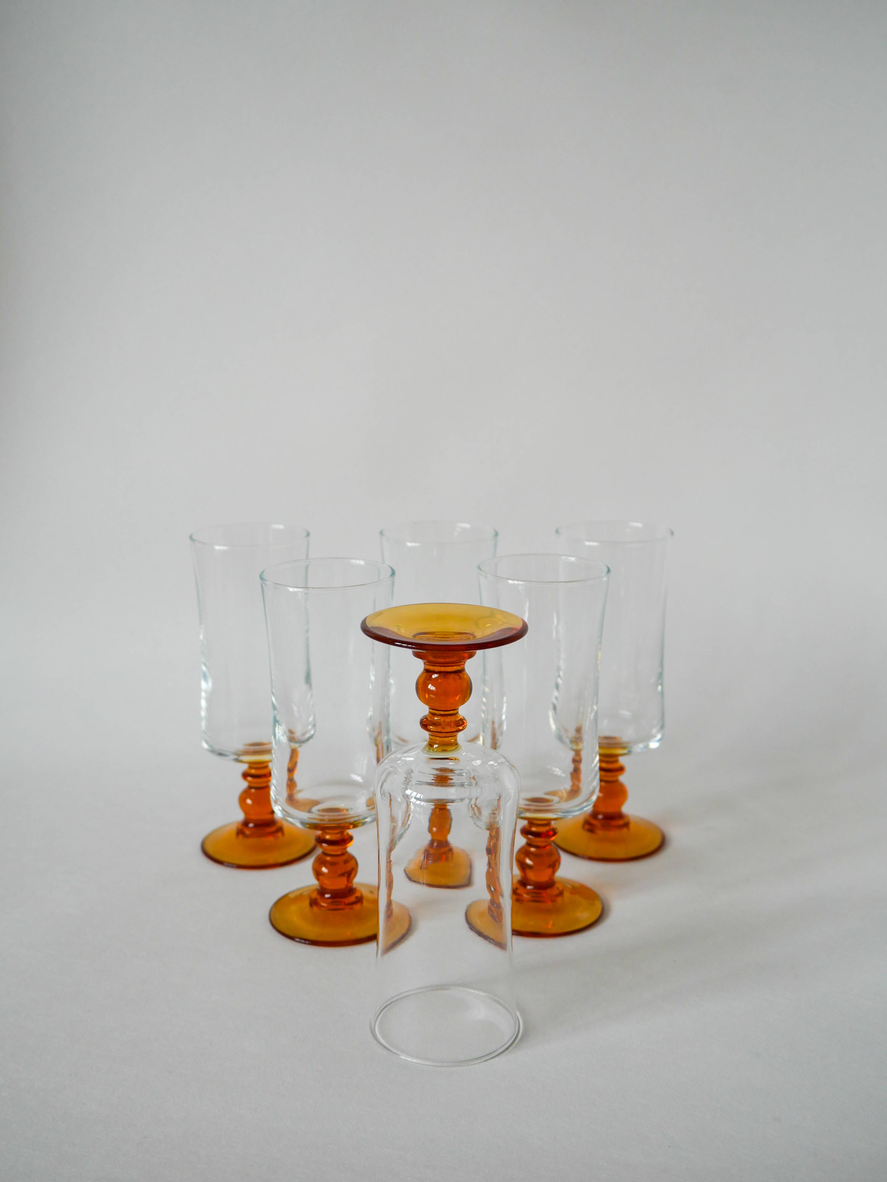 set of 6 vintage amber-footed champagne flutes 1970