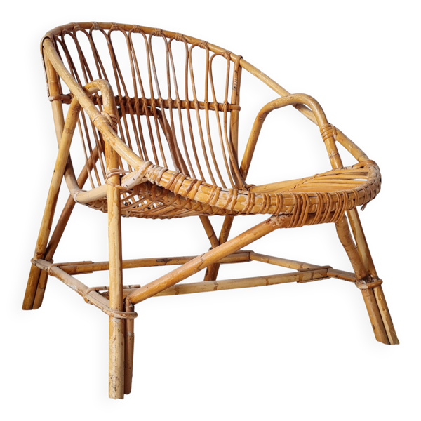 Fauteuil corbeille vintage en rotin – Design années 60