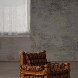 Brutalist lounge chair in solid pine, Swedish modern, made in the 1970s.