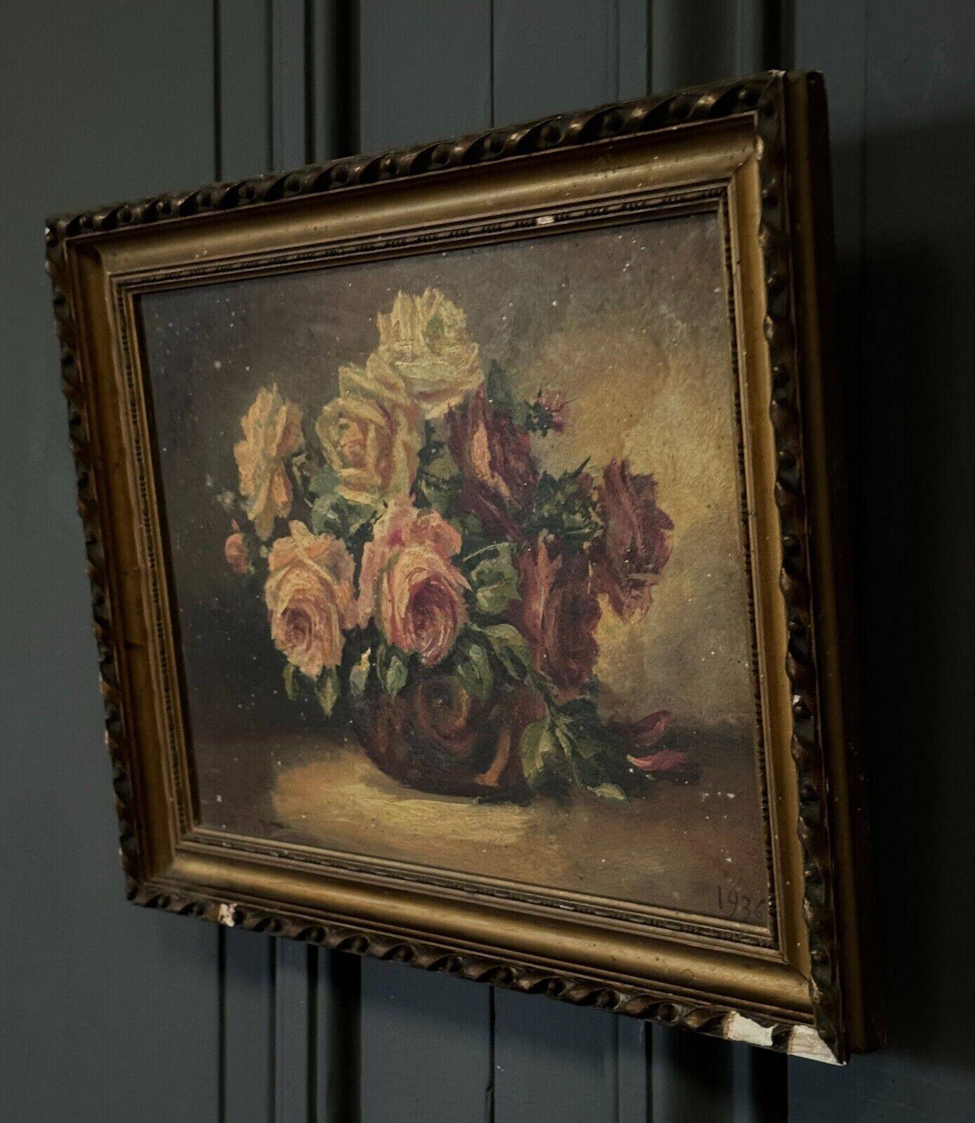 Oil on panel signed still life bouquet of roses 1936