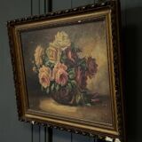Oil on panel signed still life bouquet of roses 1936