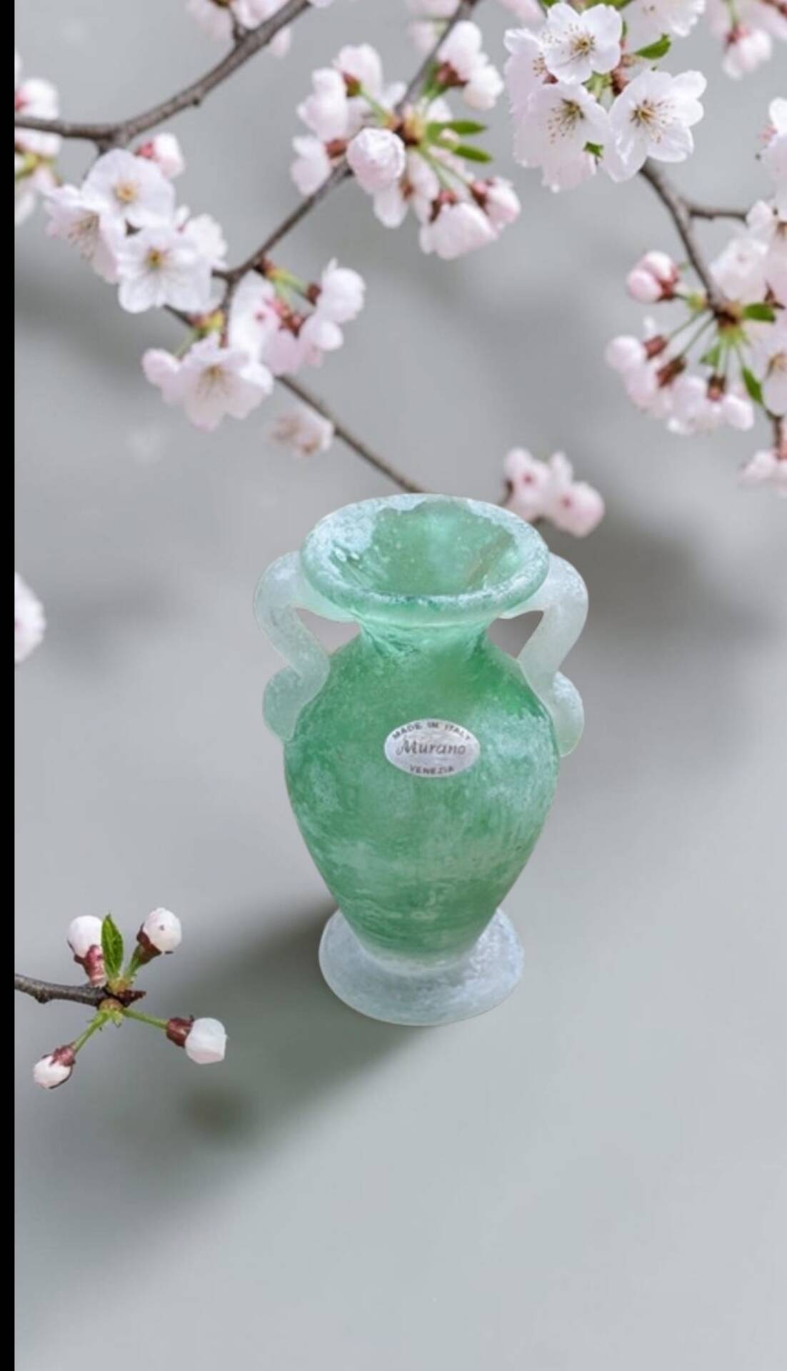 Small green Murano vase with handles – blown glass - "scavo" type