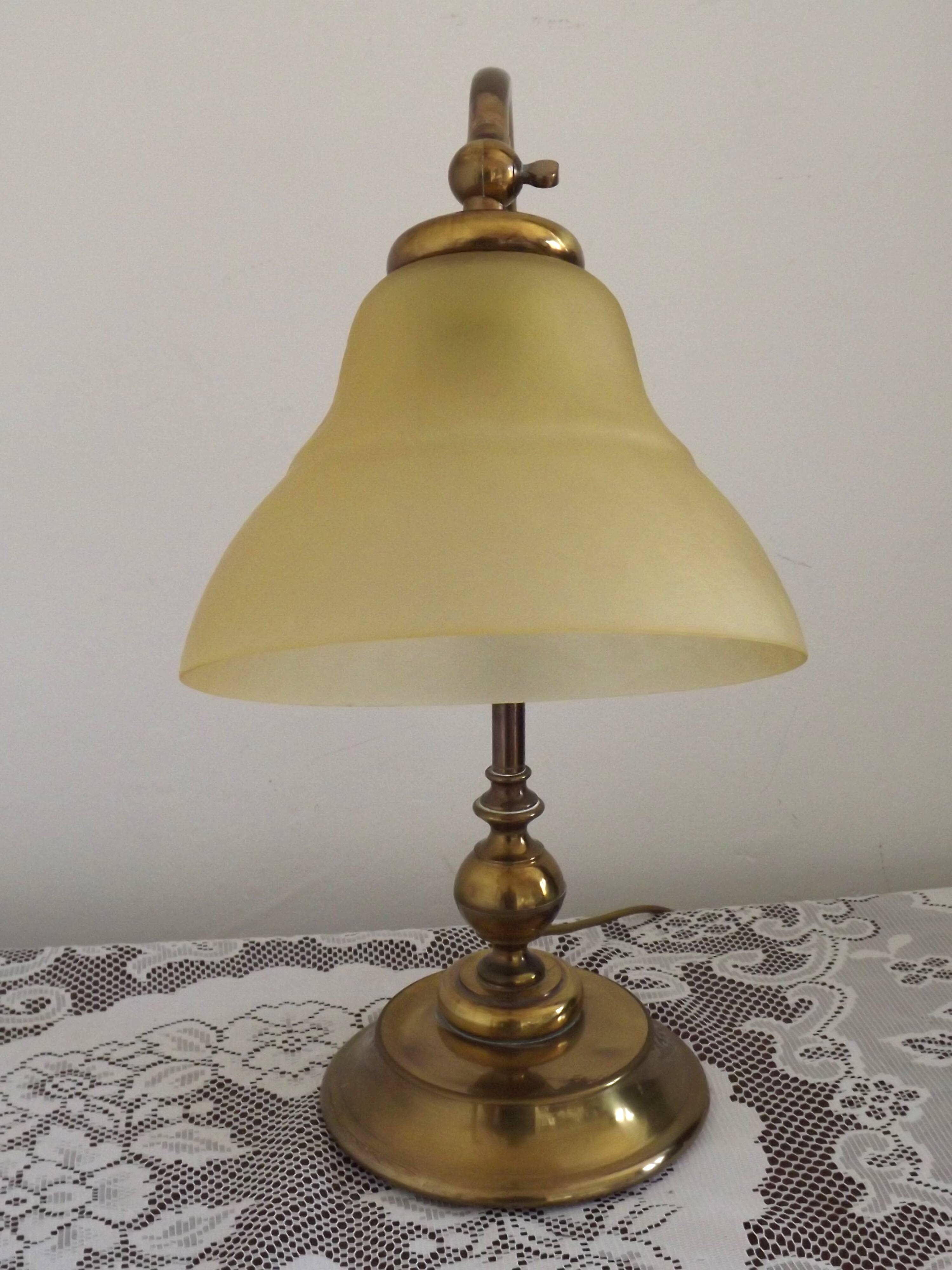 French Vintage Brass Goose Neck Table Lamp Patterned Glass Shade 5353