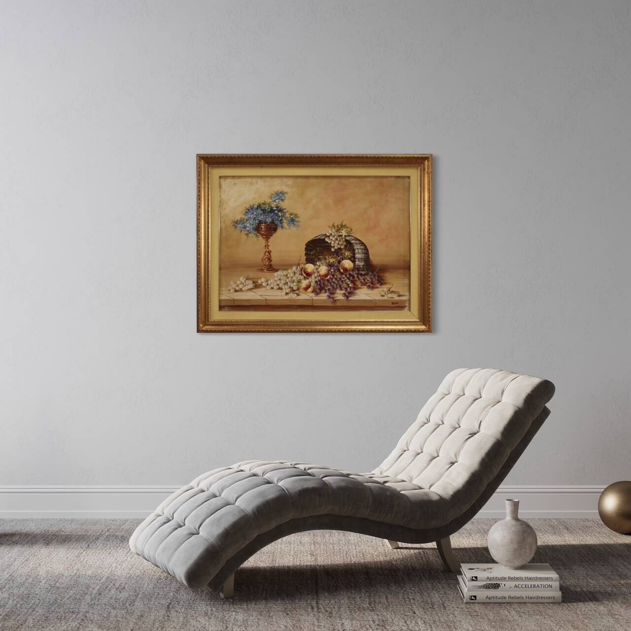 Signed painting still life with flowers and fruit from the 20th century