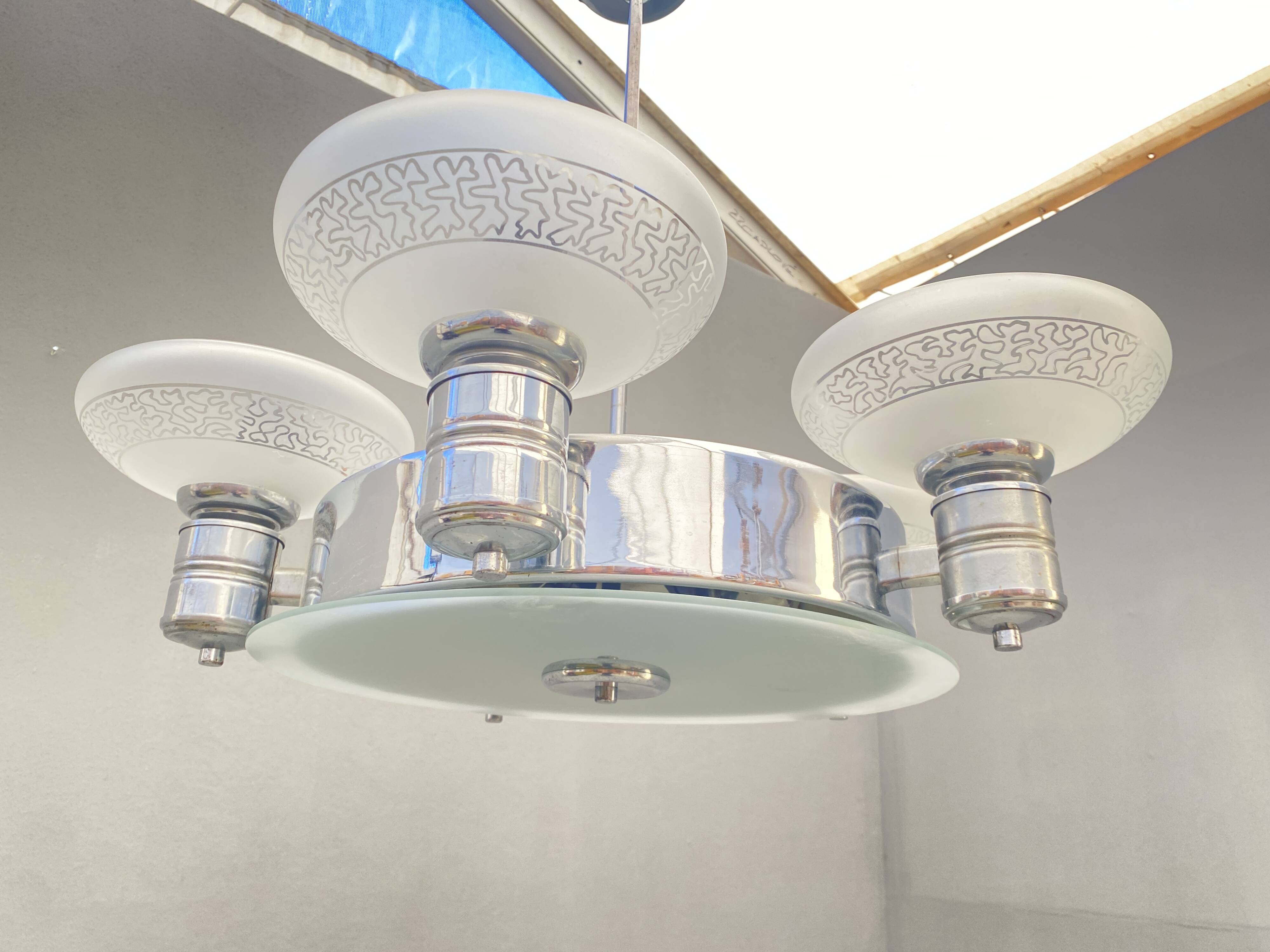 Art Deco Chrome Chandelier with Glass Bowl Shades