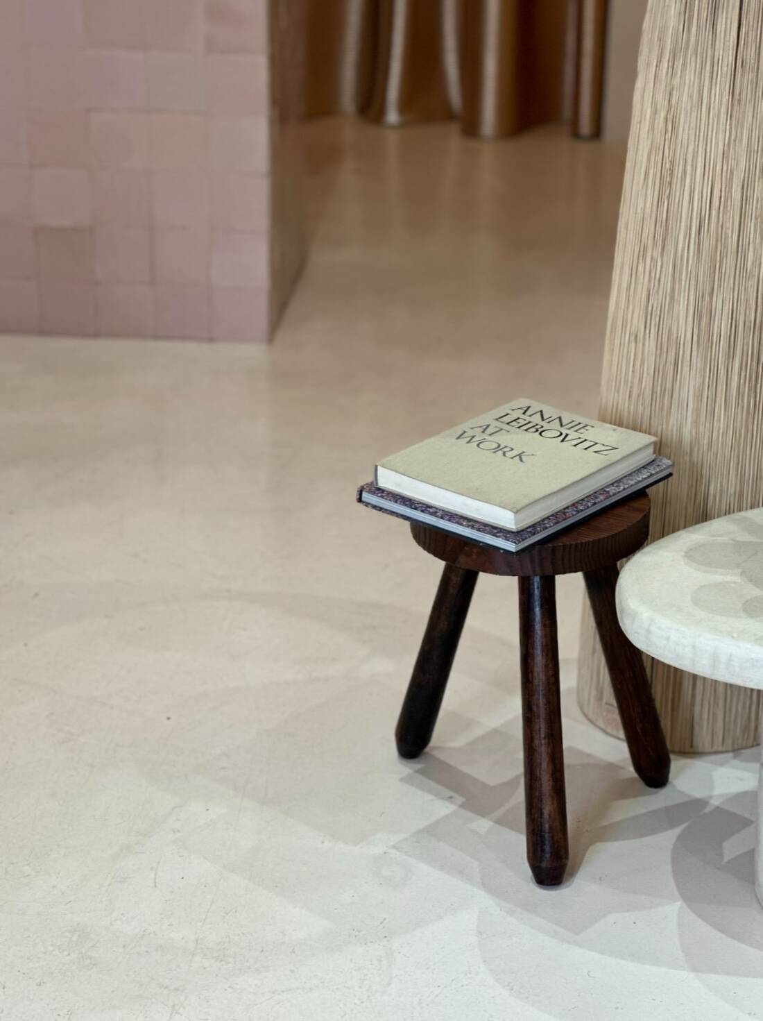 Vintage brutalist tripod stool compass legs - wood