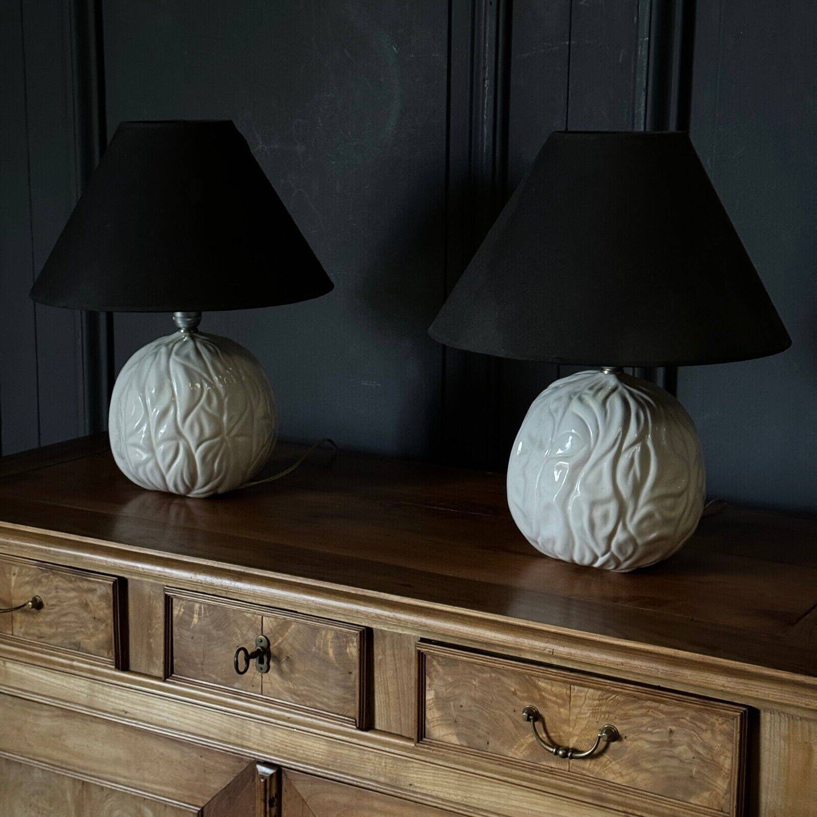 Pair of Italian ceramic lamps 1980 white walnut shape