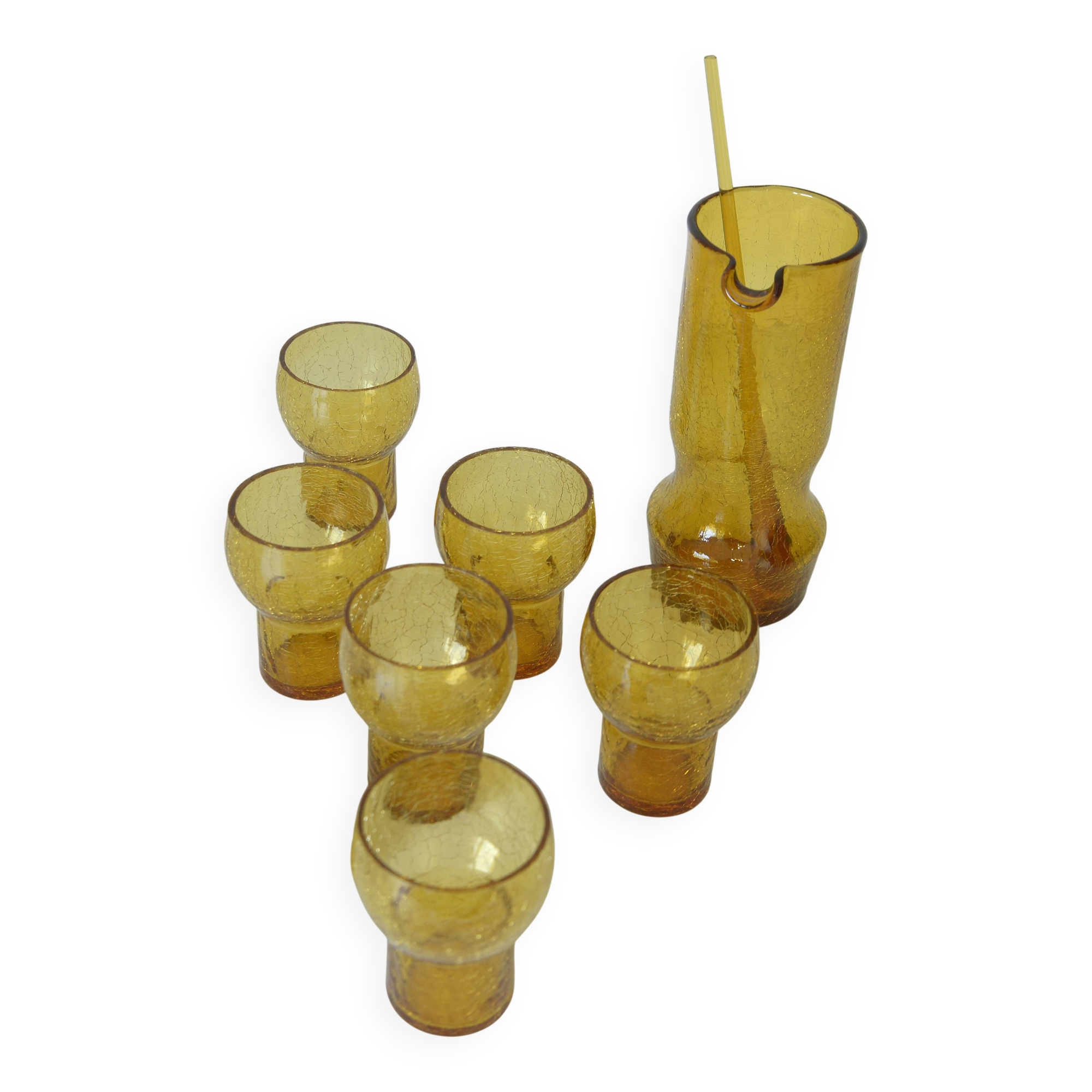 Vintage Amber Crackle Glass Shot Glass Set Mid Century Modern Barware