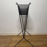 1950s black perforated metal planter in the style of Mathieu MATEGOT