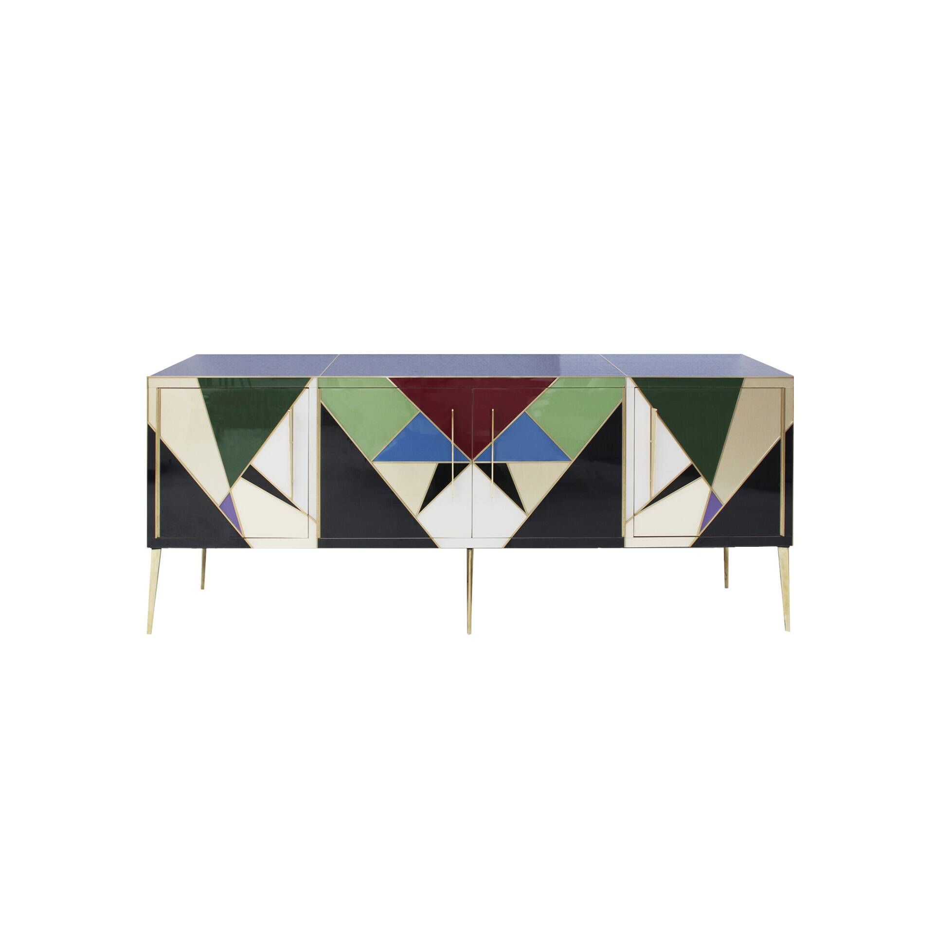 Mid-Century Style Italian Sideboard Made of Wood Brass and Colored Glass