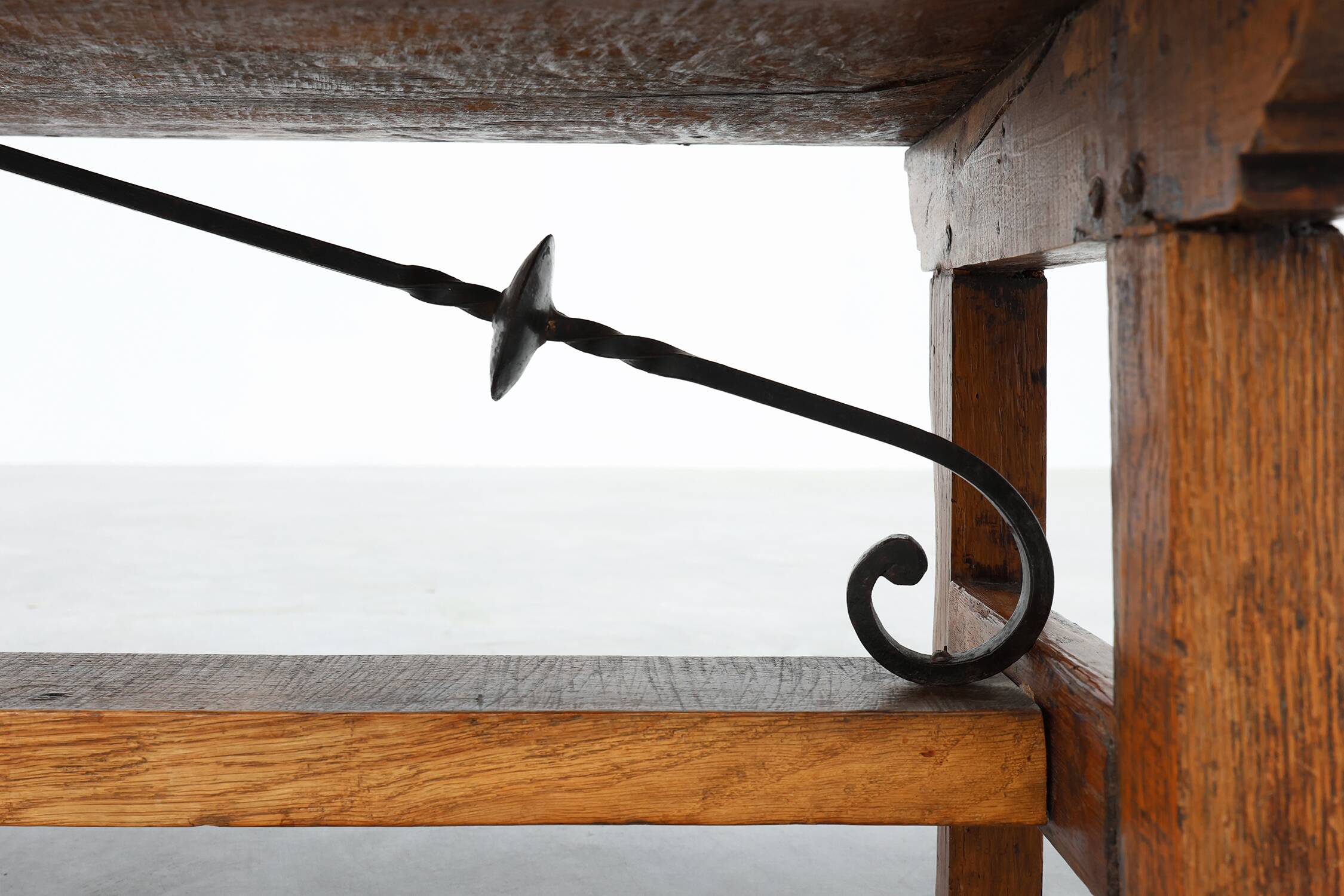 17th Century Spanish Brutalist coffee table in wood and wrought iron