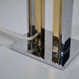 France 1970s - Vintage lamp with a chrome base and shade featuring Asian decor.